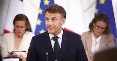 French President Emmanuel Macron (C) speaks during a meeting with representatives of the sectors affected by U.S. tariffs at the Elysee Palace, Paris, France, April 3, 2025. (EPA Photo)