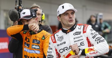 Red Bull Max Verstappen (R) seen in front of McLaren&#039;s Lando Norris after the 2025 F1 Japanese GP, Suzuka, Japan, April 6, 2025. (EPA Photo)