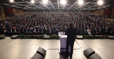 CHP Chair Özgür Özel speaks at the convention before the election, Ankara, Türkiye, April 6, 2025. (DHA Photo)