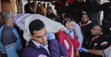 Mourners carry the bodies of 8 Red Crescent emergency responders, recovered in Rafah a week after an Israeli attack, as they are transported for burial from a hospital in Deir al-Balah, Gaza Strip, Palestine, March 31, 2025. (AP Photo)