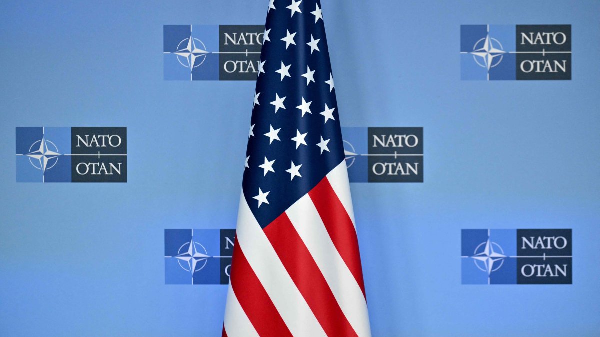 The U.S. flag is pictured before a joint statement of NATO Secretary General and U.S. Secretary of State during a meeting of NATO Ministers of Foreign Affairs at NATO's headquarters in Brussels, April 3, 2025. (AFP Photo)