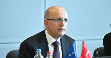 Treasury and Finance Minister Mehmet Şimşek during the Türkiye-EU High-Level Economic Dialogue, Brussels, Belgium, April 3, 2025. (AA Photo)