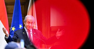 Israeli Prime Minister Benjamin Netanyahu delivers a speech at Ludovika University of Public Service, Budapest, Hungary, April 4, 2025. (Reuters Photo)