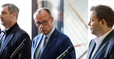 (From L)The leader of the conservative Christian Social Union (CSU) Markus Soeder, the leader of Germany's Christian Democratic Union (CDU) Friedrich Merz and the co-leader of Germany's Social Democratic Party (SPD) Lars Klingbeil deliver a press statement as they attend the main negotiation group meeting for coalition talks between SPD CDU/CSU, Berlin, Germany, March 28, 2025. (AFP Photo)