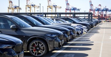 Cars are parked before being loaded onto ships in the port at BLG Autoterminal Bremerhaven, Germany, April 1, 2025. (AP Photo)