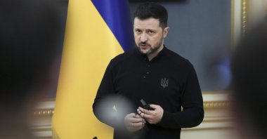 Ukrainian President Volodymyr Zelenskyy addresses a press conference in Kyiv, Ukraine, April 4, 2025.  (EPA Photo)
