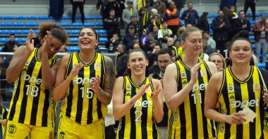 Fenerbahçe Opet players celebrate after the ING Women's Basketball Super League playoff semifinal match against Beşiktaş BOA, Istanbul, Türkiye, April 1, 2025. (AA Photo)