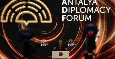 President Recep Tayyip Erdoğan gives a speech during the opening ceremony of the Antalya Diplomacy Forum, Antalya, southern Türkiye, March 1, 2024. (AP Photo)