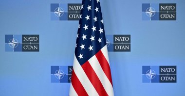 The U.S. flag is pictured before a joint statement of NATO Secretary General and U.S. Secretary of State during a meeting of NATO Ministers of Foreign Affairs at NATO's headquarters in Brussels, April 3, 2025. (AFP Photo)