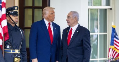 U.S. President Donald J. Trump (C) greets Israeli Prime Minister Benjamin Netanyahu (R) as he arrives for a meeting at the West Wing of the White House in Washington, D.C., April 7, 2025. (EPA Photo)