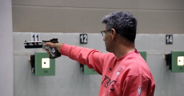 Yusuf Dikeç in action during the Air Guns Turkey Championships at the Yusuf Dikeç-Şevval İlayda Tarhan Olympic Shooting Complex, Mersin, Türkiye, April 6, 2025. (AA Photo)