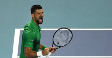 Serbia&#039;s Novak Djokovic reacts after holding serve against Czechia&#039;s Jakub Mensik during the second set of the men&#039;s singles final on the final day of the Miami Open, Miami Gardens, U.S., March 30, 2025. (AFP Photo)