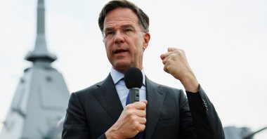 NATO chief Mark Rutte speaks to reporters after inspecting the JS Mogami naval base, Yokosuka, Japan, April 8, 2025. (Reuters Photo)