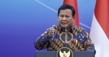 Indonesian President Prabowo Subianto addresses an event in Jakarta, Indonesia, April 8, 2025. (EPA Photo)