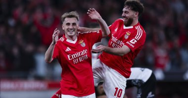 Benfica&#039;s Kerem Aktürkoğlu celebrates with teammate Orkun Kökçü (R) after scoring the 3-1 goal during the first league match between SL Benfica and Farense, Lisbon, Portugal, April 2, 2025. (EPA Photo)