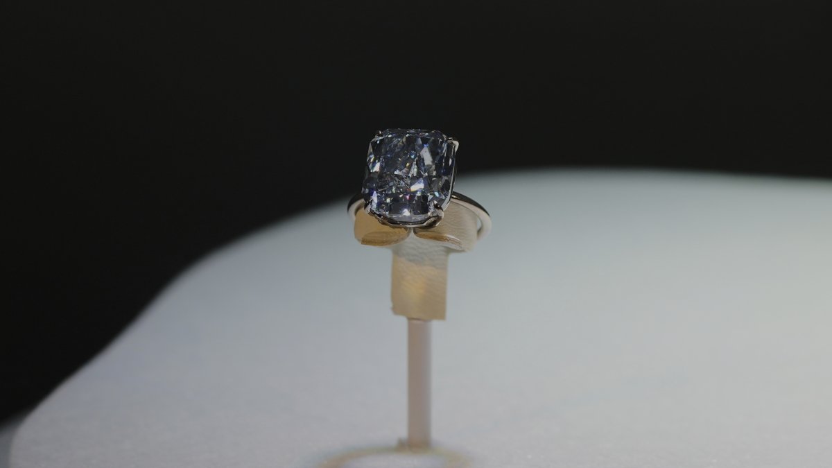 The Mediterranean Blue diamond is on display during its worldwide debut in Abu Dhabi, UAE, April 8, 2025. (AP Photo)