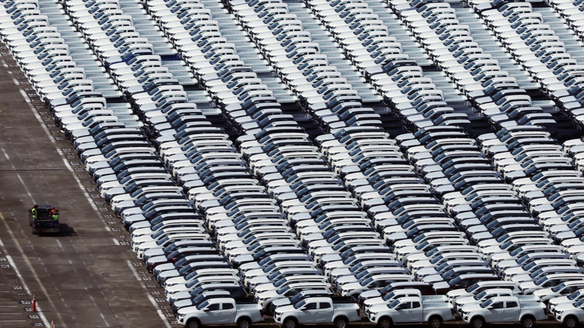 Automobiles unloaded from a cargo ship are parked at Tanjong Pagar container terminal, Singapore, April 3, 2025. (Reuters Photo)