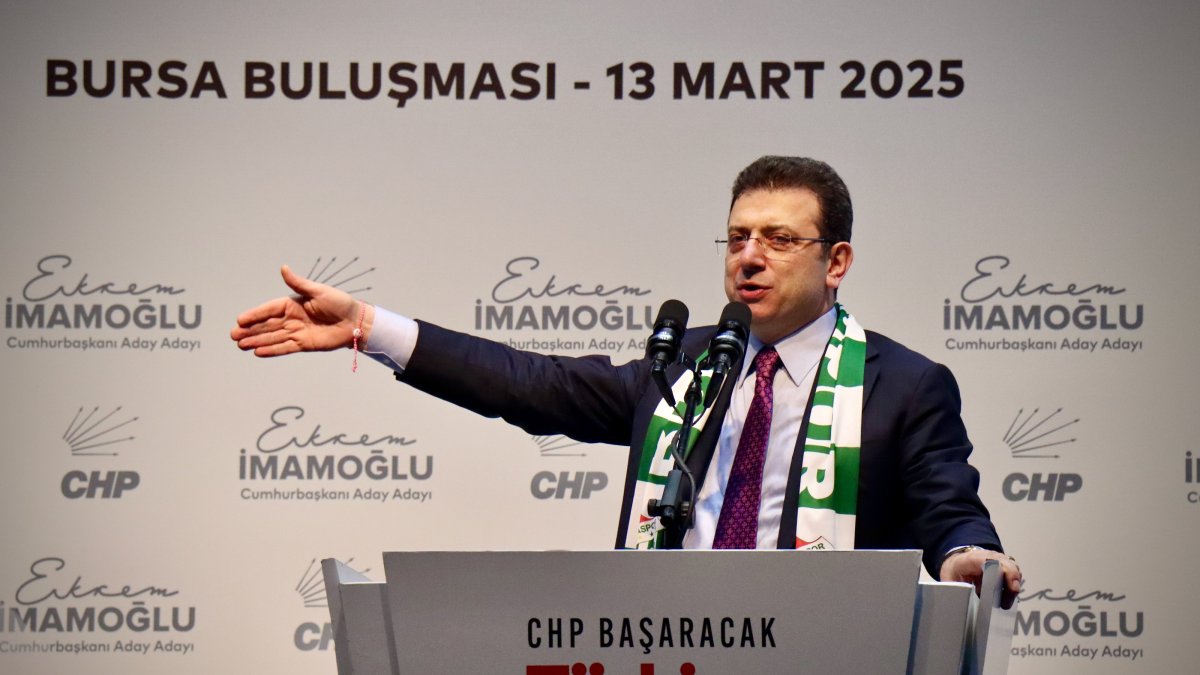 Former Istanbul Mayor Ekrem Imamoğlu speaks at an event in Bursa, northwestern Türkiye, March 13, 2025. (AA Photo)