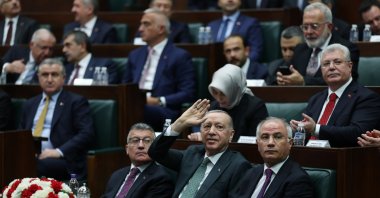 President Recep Tayyip Erdoğan greets supporters at the Justice and Development Party&#039;s (AK Party) parliamentary group meeting, Ankara, Türkiye, April 9, 2025. (AA Photo)