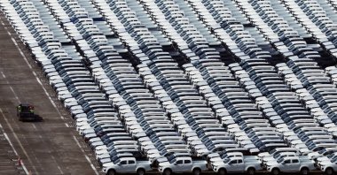 Automobiles unloaded from a cargo ship are parked at Tanjong Pagar container terminal, Singapore, April 3, 2025. (Reuters Photo)