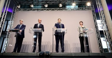  State Premier of Bavaria Markus Soeder, Chairman of the CDU party and faction Friedrich Merz, SPD co-chairman Lars Klingbeil and SPD co-chairwoman Saskia Esken attend a news conference to present the joint coalition agreement in the German Bundestag, in Berlin, Germany, April 9, 2025. (EPA Photo)
