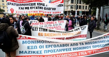 Protesters attend a rally as part of a 24-hour nationwide general strike in central Athens, Greece, April 9, 2025. (EPA Photo)