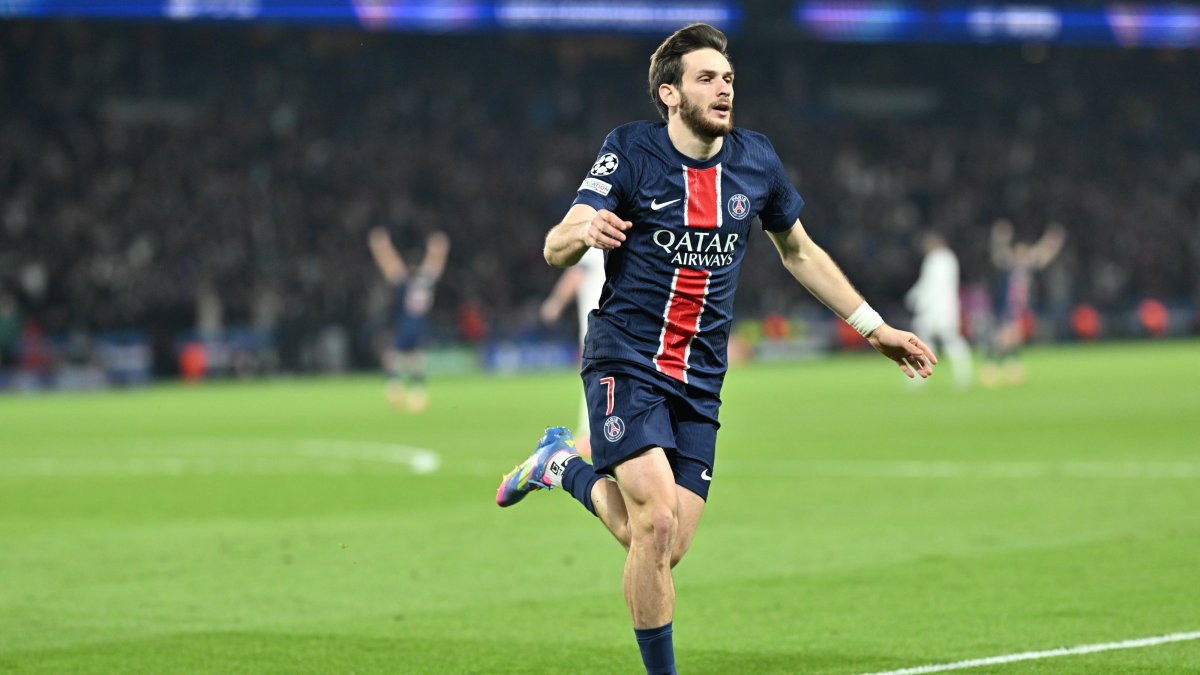 Paris Saint-Germain&#039;s Khvicha Kvaratskhelia celebrates after scoring a goal during the UEFA Champions League quarterfinals 1st leg match against Aston Villa, Paris, France, April 9, 2025. (AA Photo)
