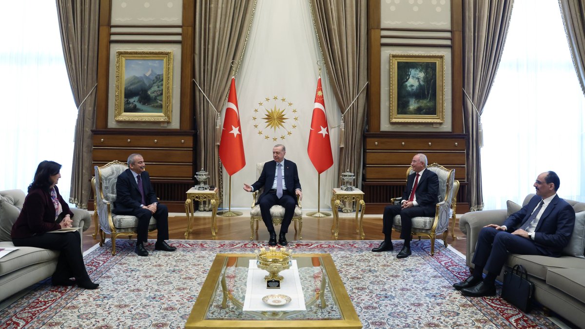 President Recep Tayyip Erdoğan meets with Peoples&#039; Equality and Democracy Party’s (DEM Party) Sırrı Süreyya Önder and Pervin Buldan at the Presidential Complex, Ankara, Türkiye, April 10, 2025. (AA Photo)