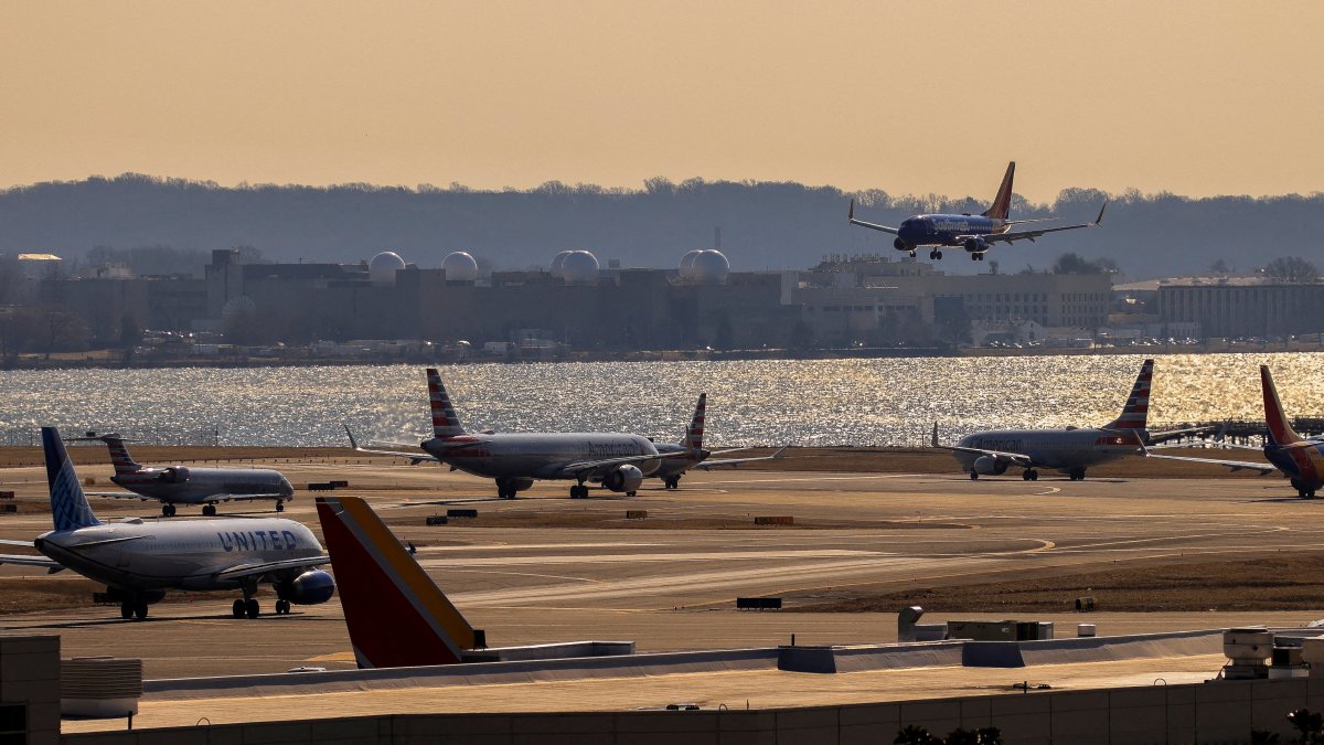 A plane prepares to land as other planes wait on a runway at Ronald Reagan Washington National Airport in Arlington, Virginia, U.S., Feb. 4, 2025. (Reuters Photo)
