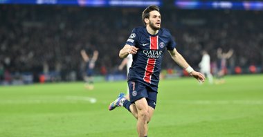 Paris Saint-Germain&#039;s Khvicha Kvaratskhelia celebrates after scoring a goal during the UEFA Champions League quarterfinals 1st leg match against Aston Villa, Paris, France, April 9, 2025. (AA Photo)