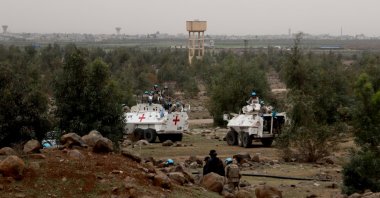The United Nations’ cease-fire observer force in the Golan Heights visits to inspect the points targeted by Israeli forces in the southern province of Daraa, Syria, April 8, 2025. (AA Photo)