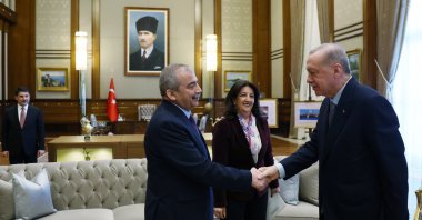 President Recep Tayyip Erdoğan meets with Peoples' Equality and Democracy Party’s (DEM Party) Sırrı Süreyya Önder and Pervin Buldan at the Presidential Complex, Ankara, Türkiye, April 10, 2025 (AA Photo)