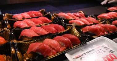 A display offers tuna sushi for sale at a market, Tokyo, Japan, April 10, 2025. (AP Photo)