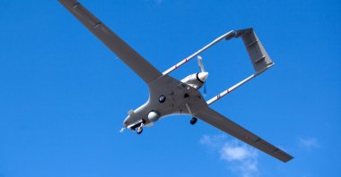A Turkish-made Bayraktar TB2 drone flies at a military air base in the Turkish Republic of Northern Cyprus (TRNC), Dec.16, 2019. (AFP Photo)