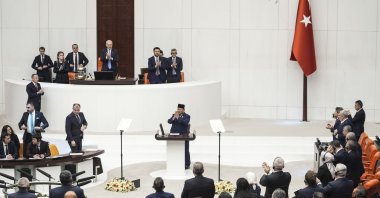 Turkish lawmakers applaud as Indonesian President Prabowo Subianto greets Parliament, Ankara, Türkiye, April 10, 2025. (AA Photo)