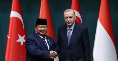 President Recep Tayyip Erdoğan and Indonesian President Prabowo Subianto shake hands after signing bilateral cooperation agreements in Ankara, April 10, 2025. (AA Photo)