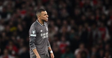 Real Madrid&#039;s Kylian Mbappe reacts during the Champions League quarterfinal first leg match against Arsenal at the Emirates Stadium, London, U.K., April 8, 2025. (Reuters Photo)