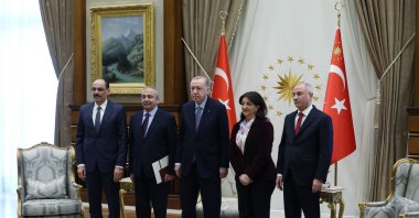 President Recep Tayyip Erdoğan meets with Peoples' Equality and Democracy Party’s (DEM Party) Sırrı Süreyya Önder and Pervin Buldan at the Presidential Complex, Ankara, Türkiye, April 10, 2025 (AA Photo)