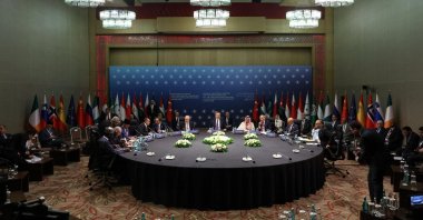 Foreign Minister Hakan Fidan (C) is seen during a meeting with the Gaza contact group at a hotel in the southern Antalya province, Türkiye, April 11, 2025 (AA Photo)
