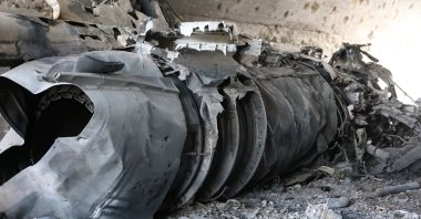 Destruction in a hangar after Israeli airstrikes targeted Hama military airport, Hama, Syria, April 3, 2025. (EPA Photo)