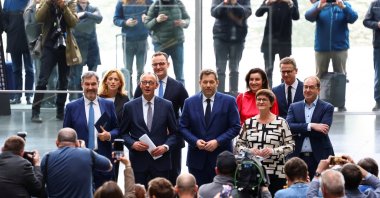 Germany&#039;s chancellor-in-waiting and leader of the Christian Democratic Union party (CDU) Friedrich Merz, the Christian Social Union (CSU) leader and Bavarian premier, and the co-leaders of the Social Democratic party (SPD) at a press conference after agreeing on their coalition government, Berlin, Germany, April 9, 2025. (Reuters Photo)