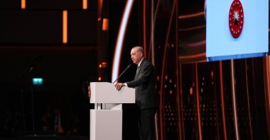 President Recep Tayyip Erdoğan is seen at the Nest Congress center in Antalya province, Türkiye, April 11, 2025 (AA Photo)