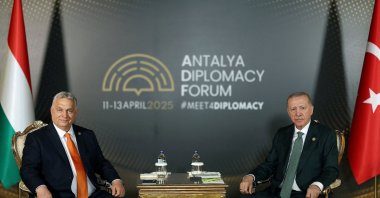 President Tayyip Erdoğan meets with Hungarian Prime Minister Victor Orban at Antalya Diplomacy Forum in Antalya, April 11, 2025. (Handout via Reuters)