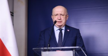 European Commissioner for Defense and Space Andrius Kubilius attends a press conference after his meeting with Polish Foreign Minister Radoslaw Sikorski at the Polish Foreign Ministry headquarters in Warsaw, Poland, April 2, 2025.  (EPA Photo)