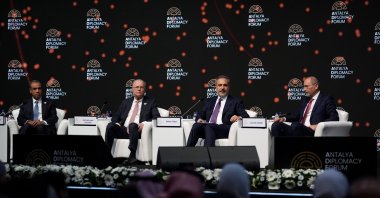 Turkish Foreign Minister Hakan Fidan (2nd R), Palestinian Foreign Minister Mohammad Mustafa (2nd L), Jordanian Foreign Minister Ayman Safadi (R) attend the panel on &amp;quot;Gaza/Palestine&amp;#039;s Future&amp;quot; on the sidelines of the Antalya Diplomacy Forum, southern Antalya province, Türkiye, April 11, 2025. (AA Photo)