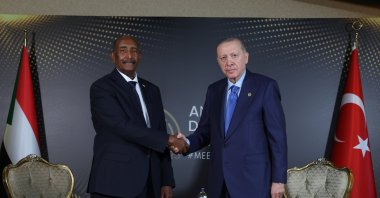 President Recep Tayyip Erdoğan receives Sudanese army chief Gen. Abdel-Fattah Burhan at the Antalya Diplomacy Forum, in southern Antalya, Türkiye, April 12, 2025. (AA Photo)