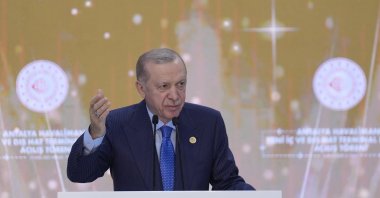 President Recep Tayyip Erdoğan delivers a speech at the official opening ceremony of the new domestic and international terminal buildings at Antalya Airport, Antalya, Türkiye, April 12, 2025. (AA Photo)