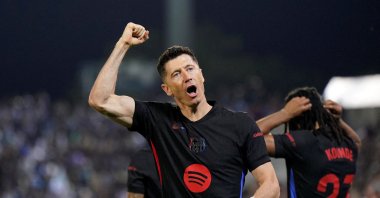 Barcelona&#039;s Robert Lewandowski celebrates after Leganes&#039; Jorge Saenz scored an own goal during the La Liga match at Estadio Municipal de Butarque, Leganes, Spain, April 12, 2025. (Reuters Photo)