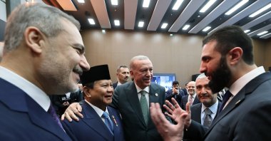 President Erdoğan, his Indonesian counterpart Prabowo Subianto, Syria's interim President Ahmed al-Sharaa and Foreign Minister Hakan Fidan talk, as they attend the Antalya Diplomacy Forum, Antalya, Türkiye, April 11, 2025. (AA Photo)