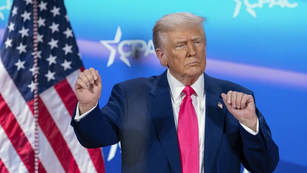 President Donald Trump dances after speaking at the Conservative Political Action Conference, CPAC, at the Gaylord National Resort &amp; Convention Center, Oxon Hill, U.S., Feb. 22, 2025. (AP Photo)